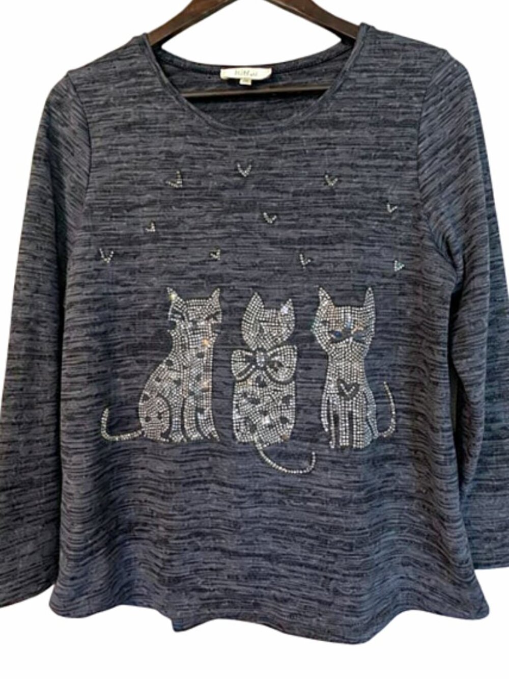 Les Collections Mat Cat Rhinestone Top Gray Heather Knit Long Sleeve Size M